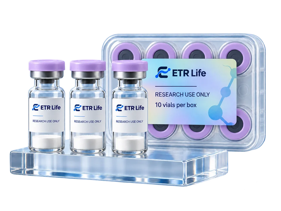 ETR Life research vials with white lyophilized powder and a transparent storage case